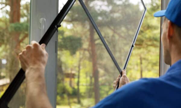 Man Installing Mosquito Net Wire Mesh On House Window
