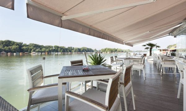 Modern riverside cafe terrace with white awning in Shoalhaven, NSW