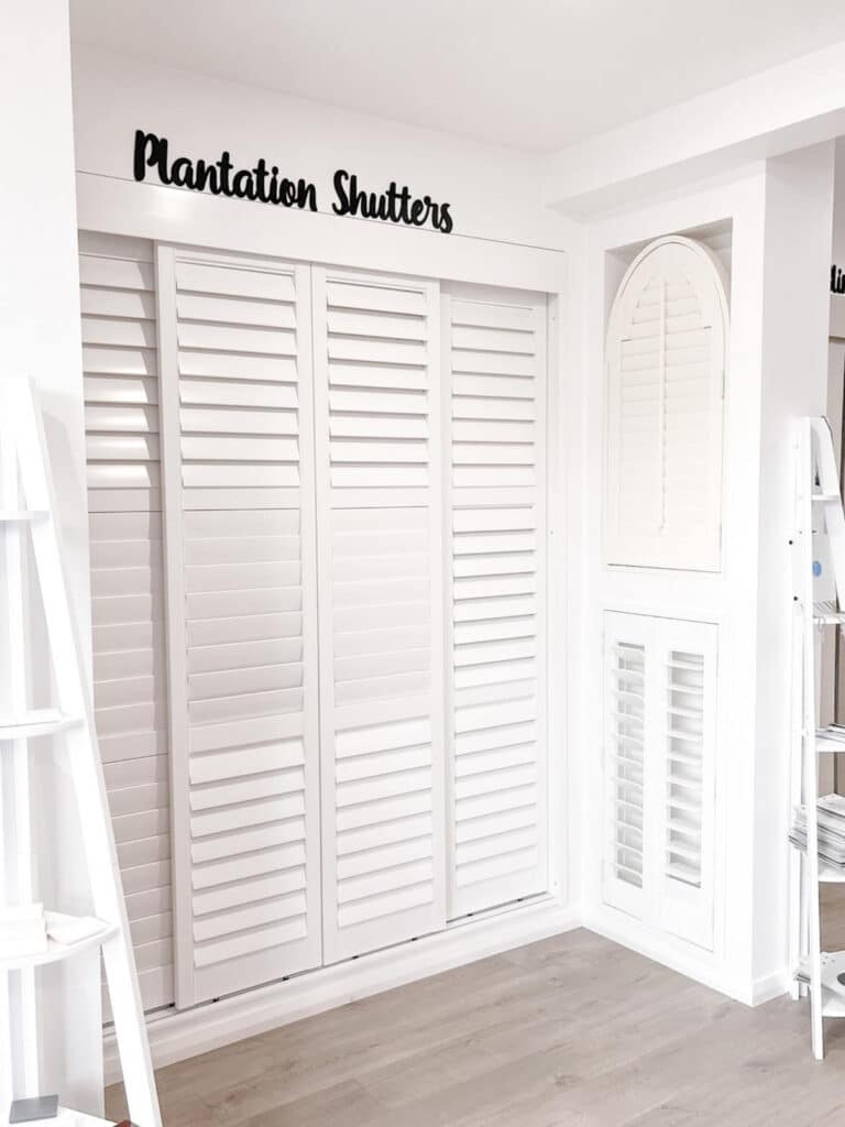 White plantation shutters In Phoenix Blinds showroom In Albion Park Rail, NSW