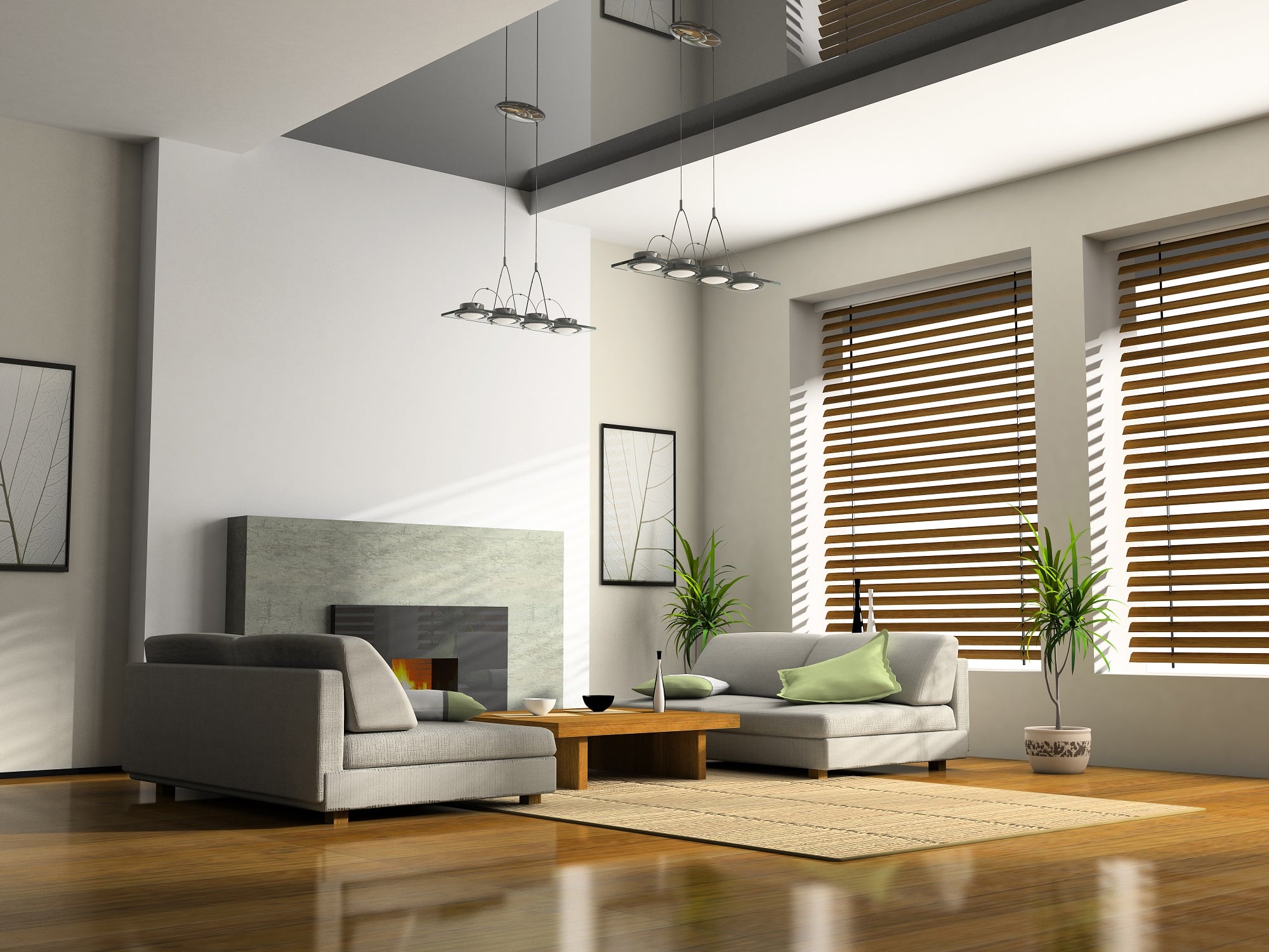 Home interior with fireplace and timber venetian blinds in Shoalhaven, NSW