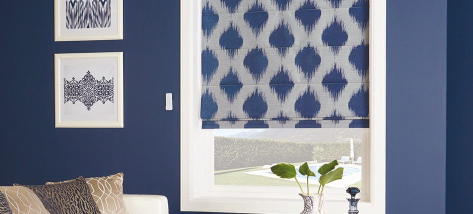 Blue and white patterned roman blinds in living room in Wollongong, NSW